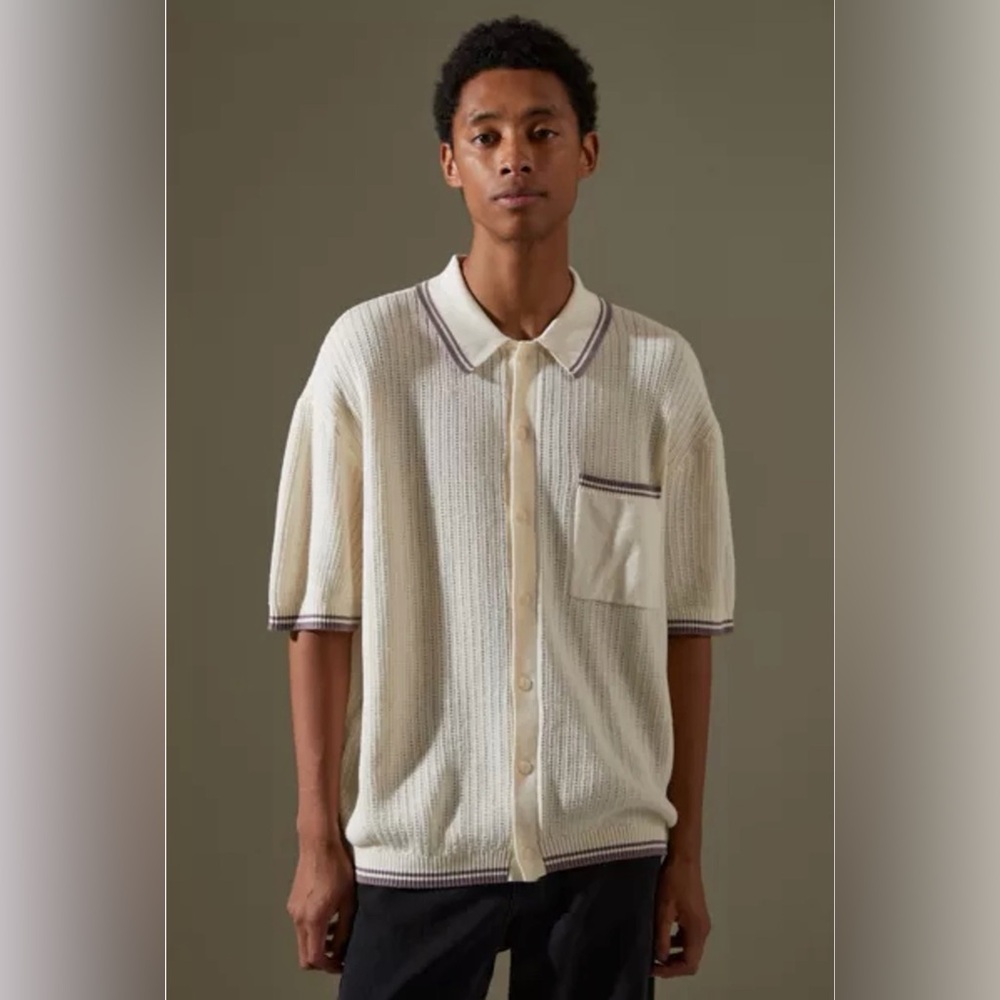 Standard Cloth Button Up Polo Sweater Sz L Knit Ecru Shirt Mens Y2K Retro Dressy